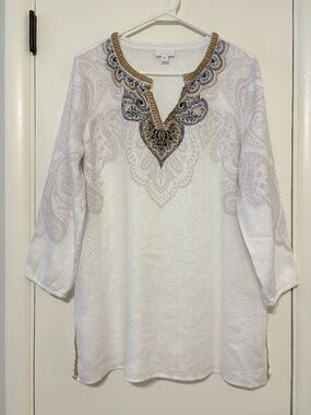 J. Jill Love Linen Women's 3/4-Sleeve Beaded Print Tunic Shirt Top M White